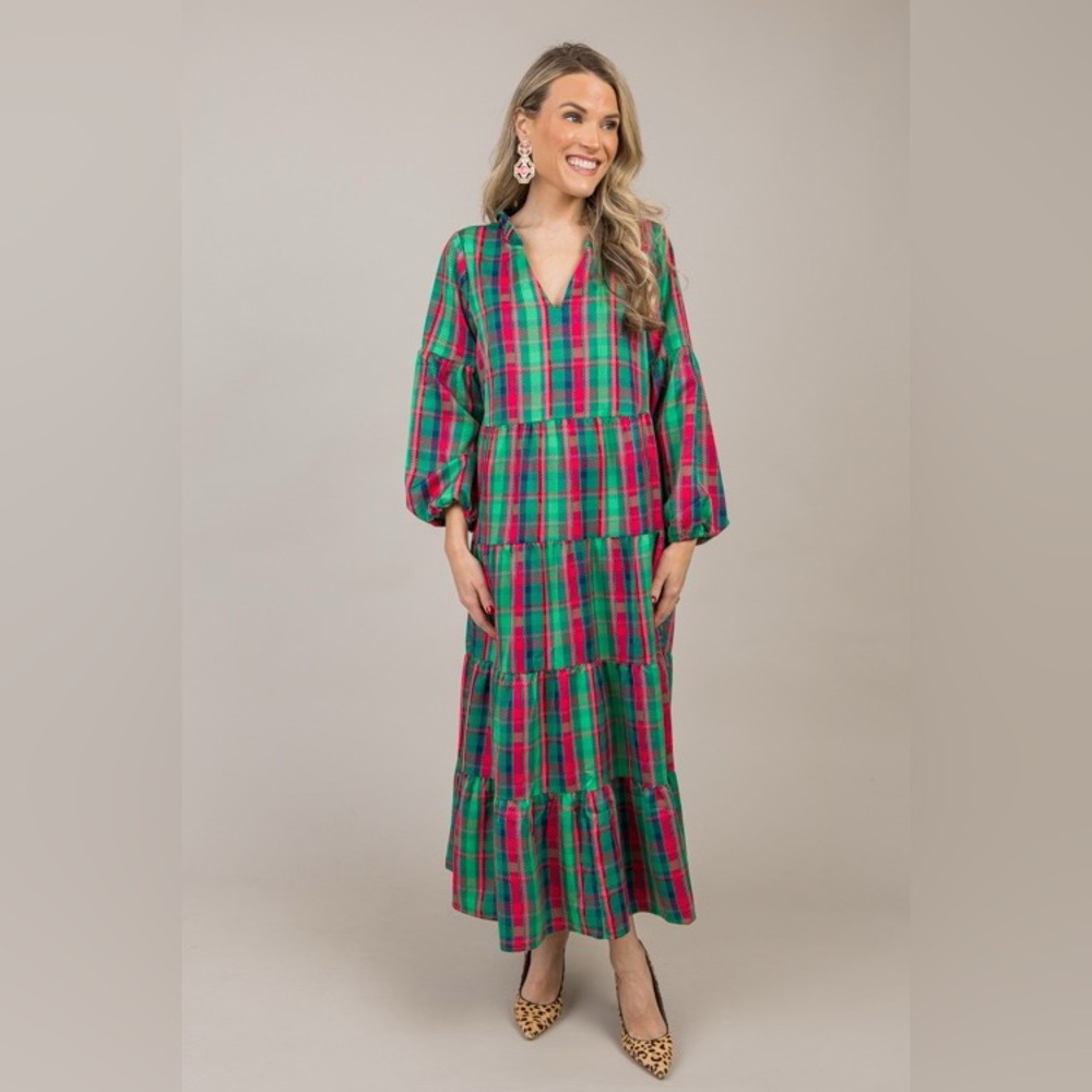 Michelle McDowell Size XS Oversized Pink & Green Plaid Maxi Dress Long Sleeves